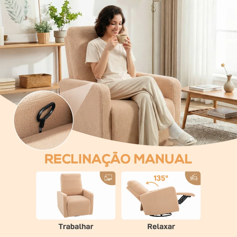 HOMCOM Poltrona Relax Reclinável Manual Poltrona Relax de Borreguito com Função de Baloiço 360° Reclinável até 135º 76x94x100 cm Marrom Claro