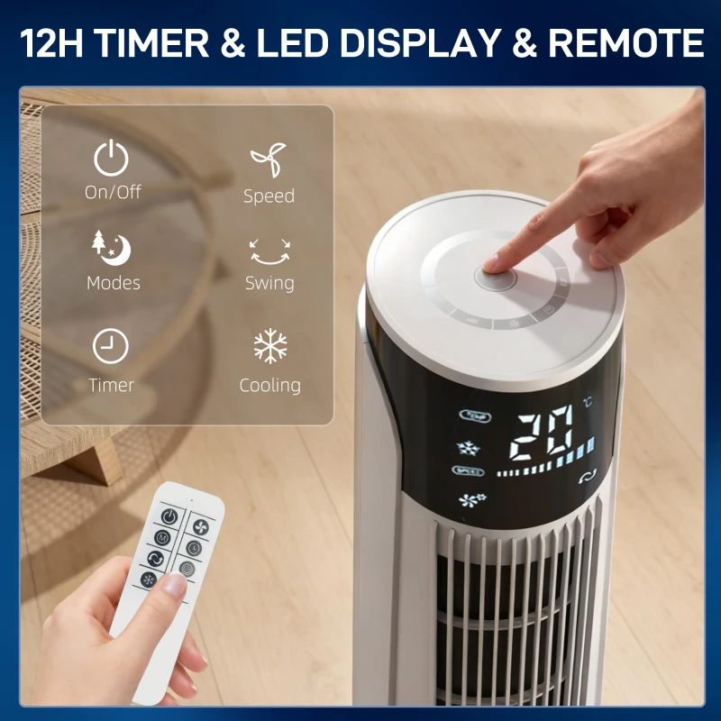 HOMCOM Air Cooler with LED Display and Remote Control, Oscillating Ice Cooling Fan with 3 Speeds, 4 Modes, 12 Hour Timer, White