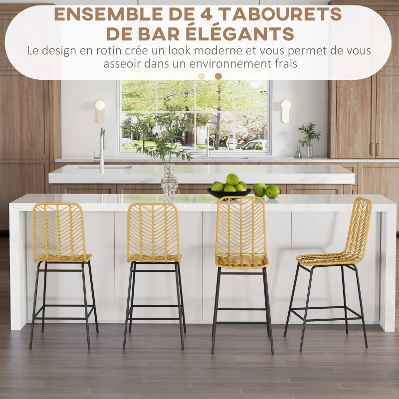 HOMCOM Lot de 4 tabourets de bar, chaises de bar, dossier en cannage et repose-pieds, cadre en acier, 42,5x52x102cm, jaune