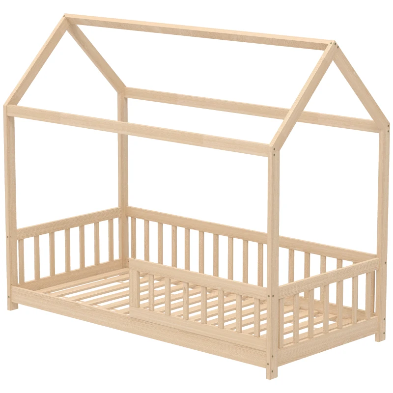 HOMCOM House-Shaped Kids Bed Frame with Guard Rails, Solid Pine Wood Single Bed Frame for Kids Boys and Girls, Natural