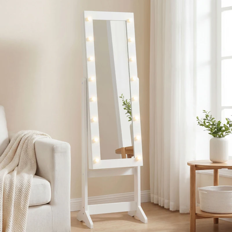 HOMCOM Armoire à bijoux armoire de rangement sur pieds boîte à bijoux avec miroir multi-rangements éclairage LED blanc