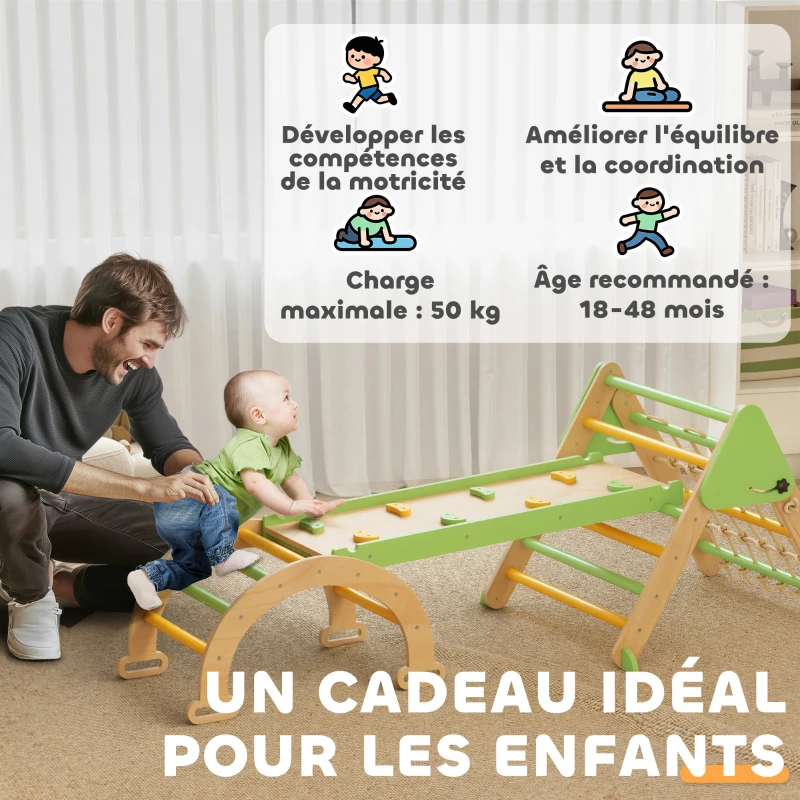 AIYAPLAY Triangle d'escalade enfants 8 en 1 avec rampe double face, arc d'escalade en bois avec toboggan & échelle, vert