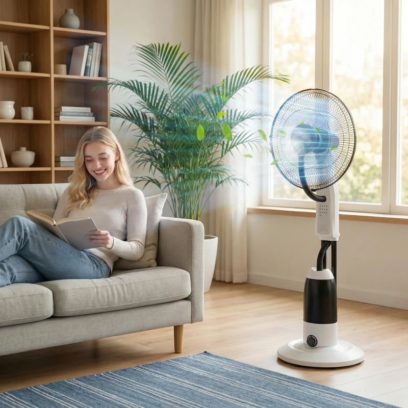 HOMCOM Pedestal Fan with Water Mist Spray 3 Speeds 2.8L Water Tank, White