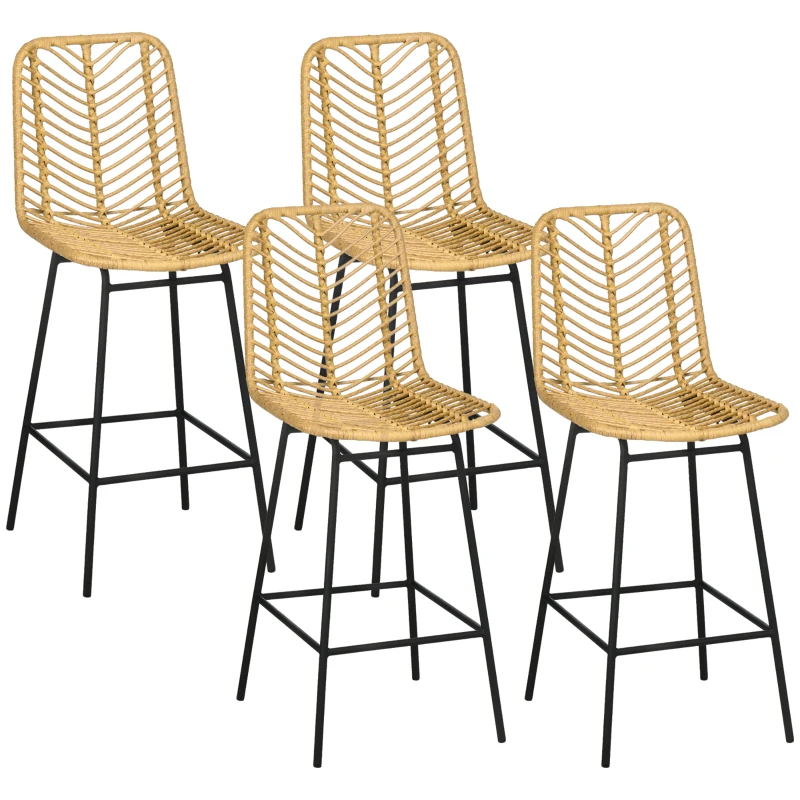 HOMCOM Lot de 4 tabourets de bar, chaises de bar, dossier en cannage et repose-pieds, cadre en acier, 42,5x52x102cm, jaune