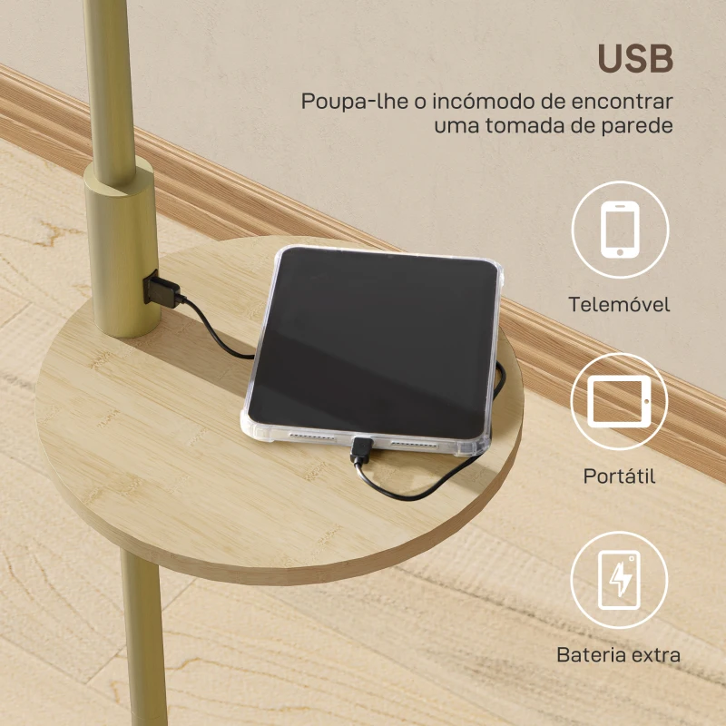 HOMCOM Candeeiro de Pé com Mesa Auxiliar Lâmpada E27 Máx. 40W Ecrã de Linho Interruptor de Corrente e Carregador USB Ø40x170 cm Dourado