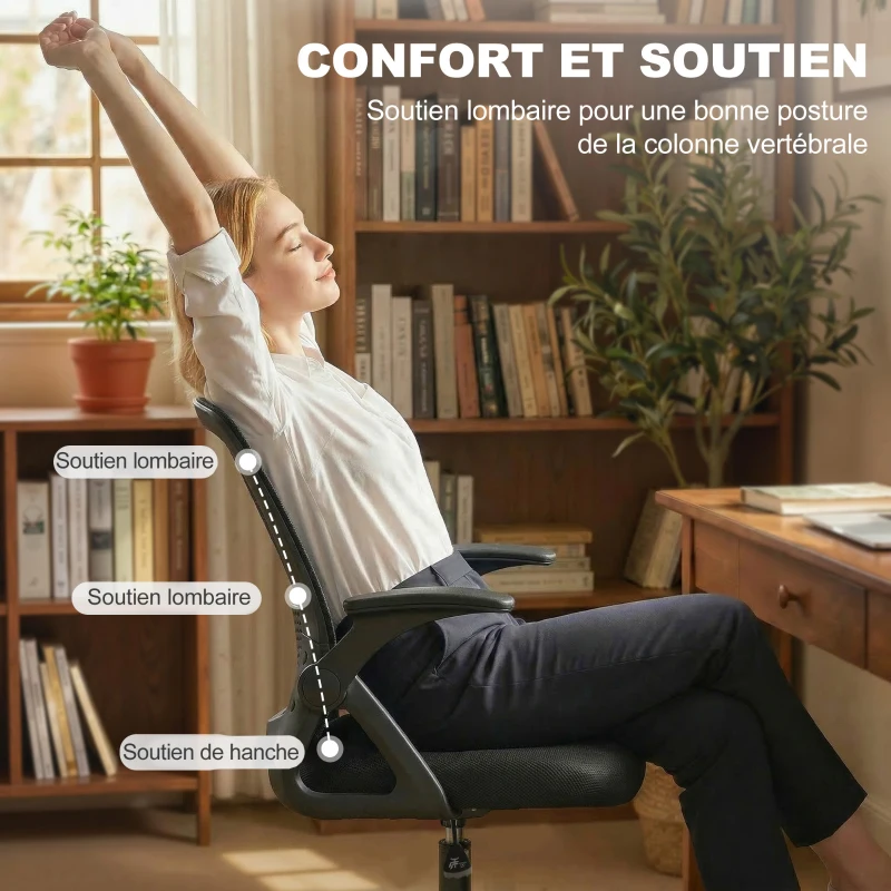 HOMCOM Chaise de bureau en maille, chaise d'ordinateur avec accoudoirs rabattables, hauteur réglable, repose-pieds, noir
