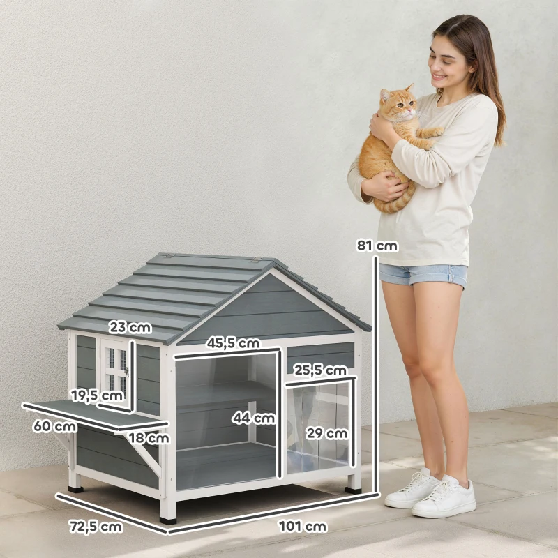 PawHut Maison pour Chat Extérieur Toit Ouvrant Fenêtre Panoramique Porte à Lamelles et Plateforme de Repos 101x72,5x81cm Gris