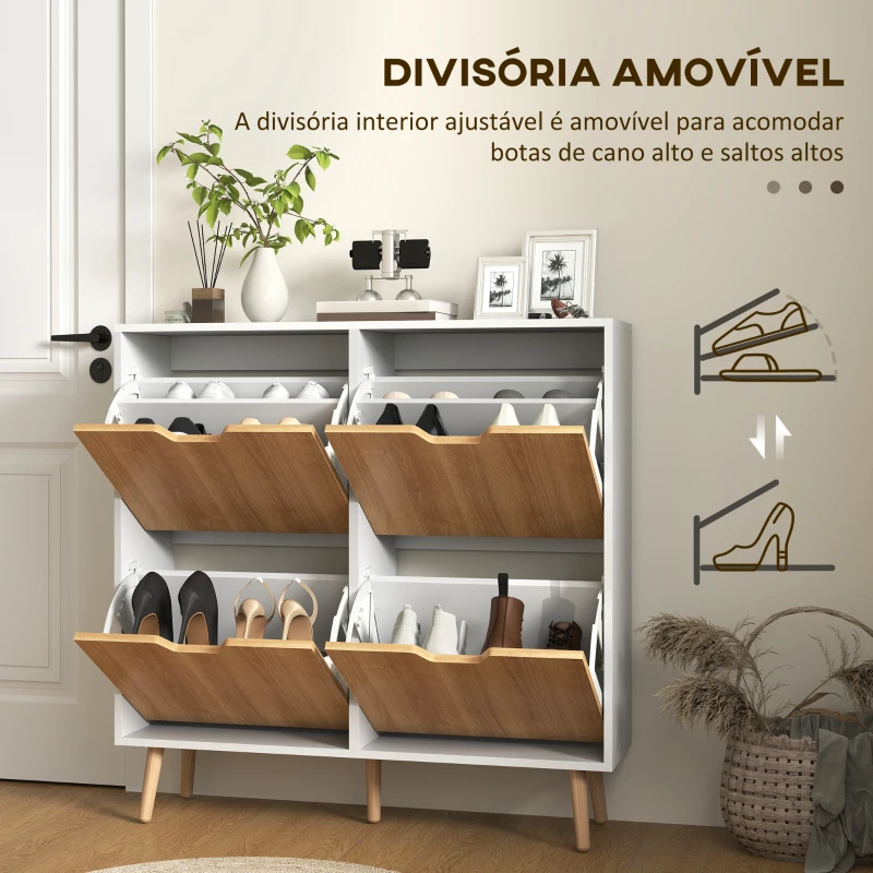 HOMCOM Sapateira para 16 Pares de Sapatos com 4 Gavetas e Prateleiras Ajustáveis 95x26x95 cm Branco e Madeira