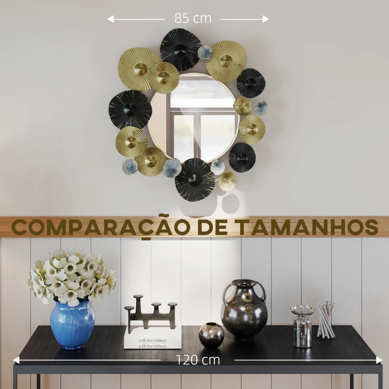 HOMCOM Espelho Decorativo de Parede Metálico para Sala Quarto Corredor 84x84 cm Dourado e Preto