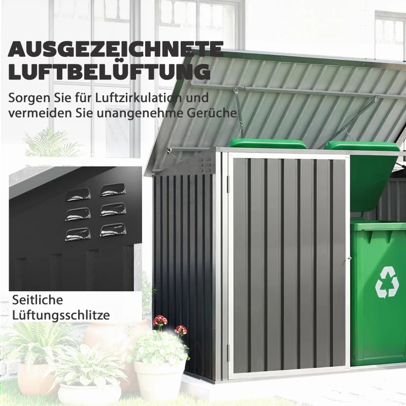 Outsunny Mülltonnenbox für 2 Mülltonnen aus verzinktem Stahl Müllbox mit Klappdeckel Gasdruckfeder Doppeltür Belüftungsöffnungen