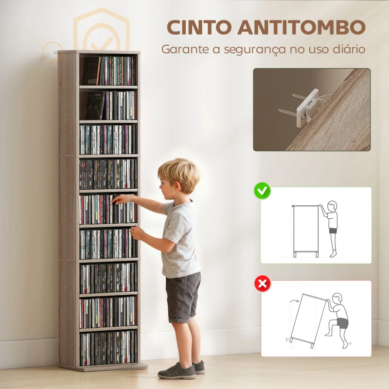 HOMCOM Estante para CDs e DVDs Suportes para CD Estreitos com 9 Compartimentos Prateleiras Ajustáveis 33x24x140 cm Madeira