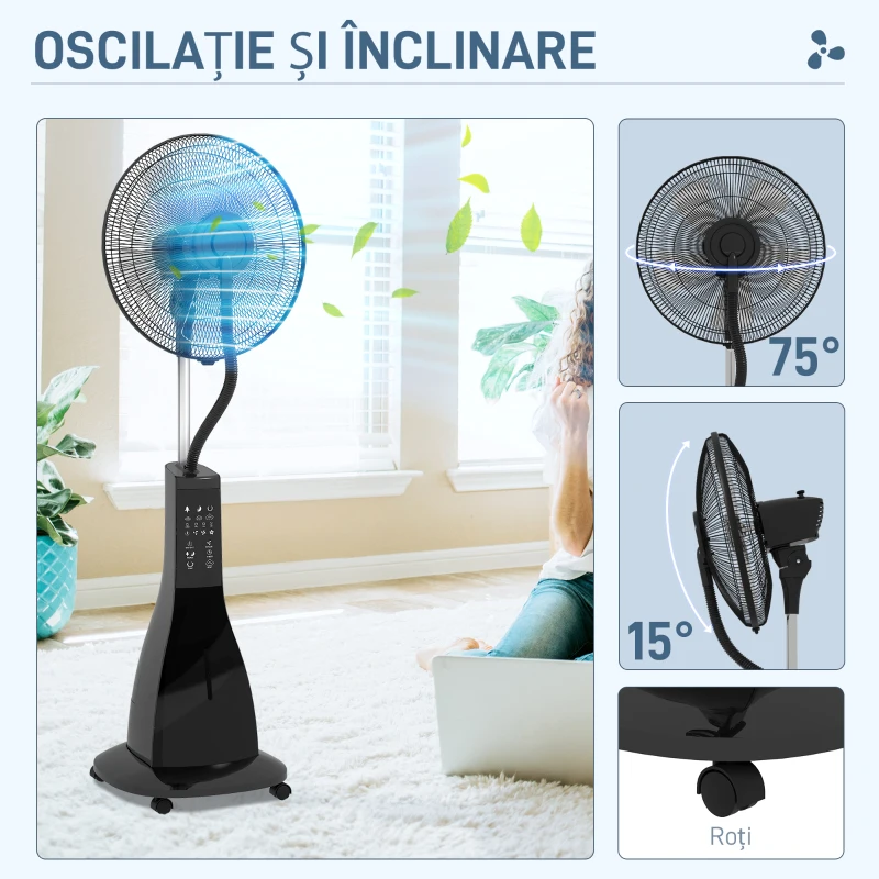 HOMCOM, Ventilator pe Picior, cu Pulverizare de Apă, Metal, ABS, 44.5 x 38.5 x 120 cm, Negru