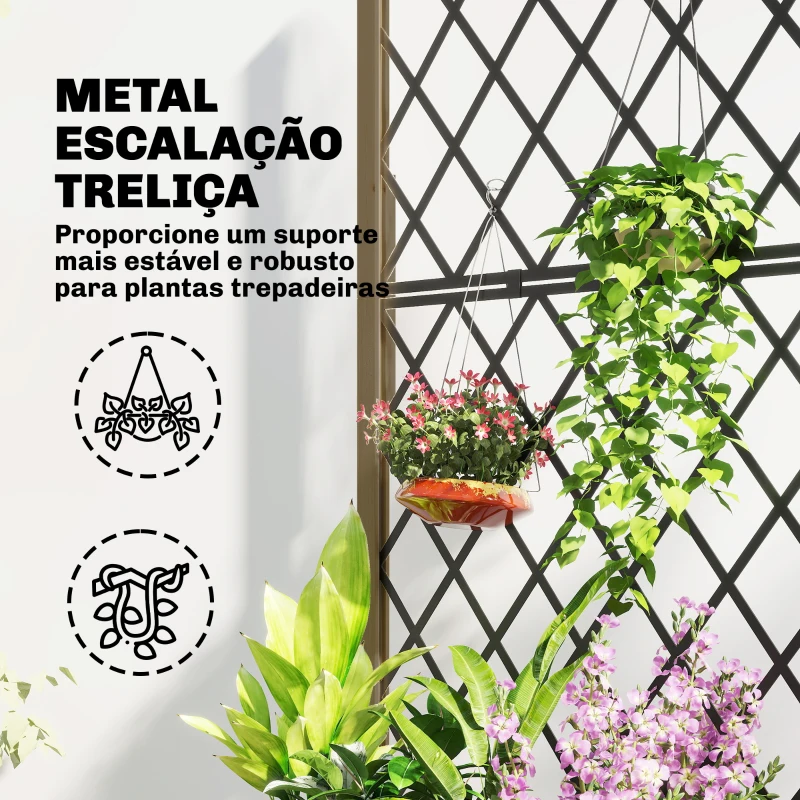 Outsunny Floreira de Madeira com Grade Metálica e Rodas para Plantas Trepadeiras Vaso Elevado 72x36x168 cm Carbonizado