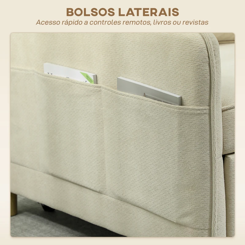 HOMCOM Poltrona Cama Estofado em Veludo Ecológico com Encosto Ajustável 3 Níveis 6 Bolsos Laterais 74x85,5x82 cm Bege