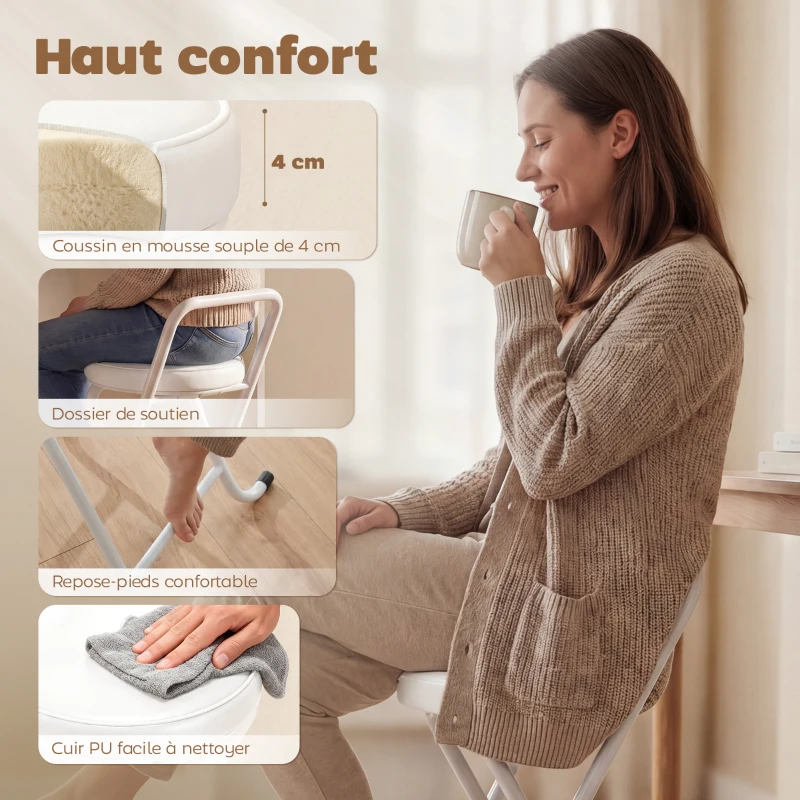 HOMCOM Tabourets de Bar Pliants Lot de 2, sans Assemblage, Chaises de Bar, Assise Rembourré 63H cm, Cadre en Acier, Blanc