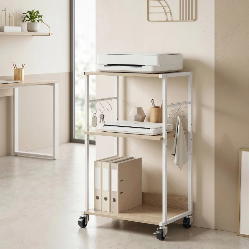 HOMCOM Suporte para Impressora de 3 Níveis com Rodas, Móvel com Ganchos e Estrutura Metálica 43x30x82 cm Madeira