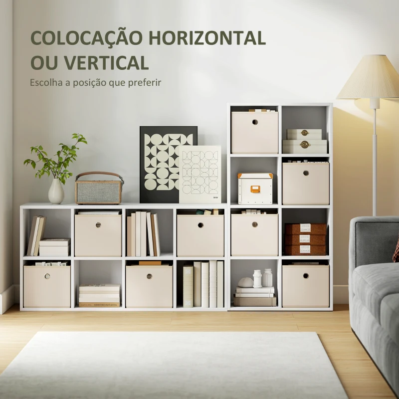 HOMCOM Estante Cubo Estante de Armazenamento Horizontal ou Vertical com 8 Compartimentos e 4 Gavetas de Tecido 53,7x30x79,8 cm Branco e Bege