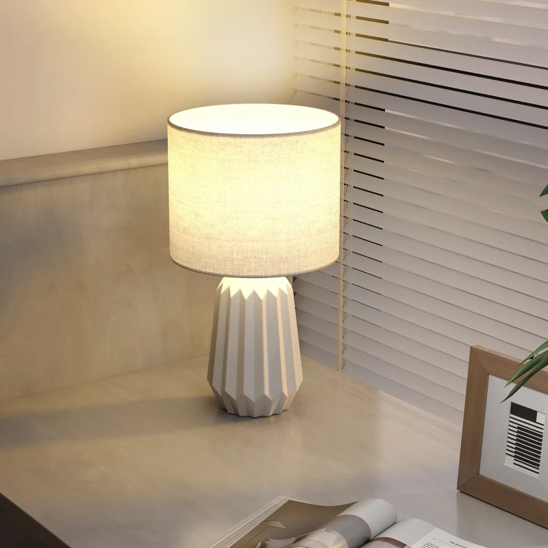 HOMCOM Tischlampe, Tischleuchte, Nachttischlampe mit Leinenschirm, Wippschalter, Schreibtischlampe, 22 x 22 x 39 cm, Weiß