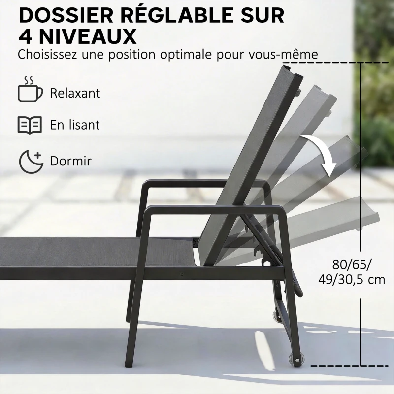Outsunny Chaise Longue Jardin en Textilène et Aluminium, Réglable à 4 Positions avec Roues et Accoudoirs, 65x189x80cm, Gris Foncé