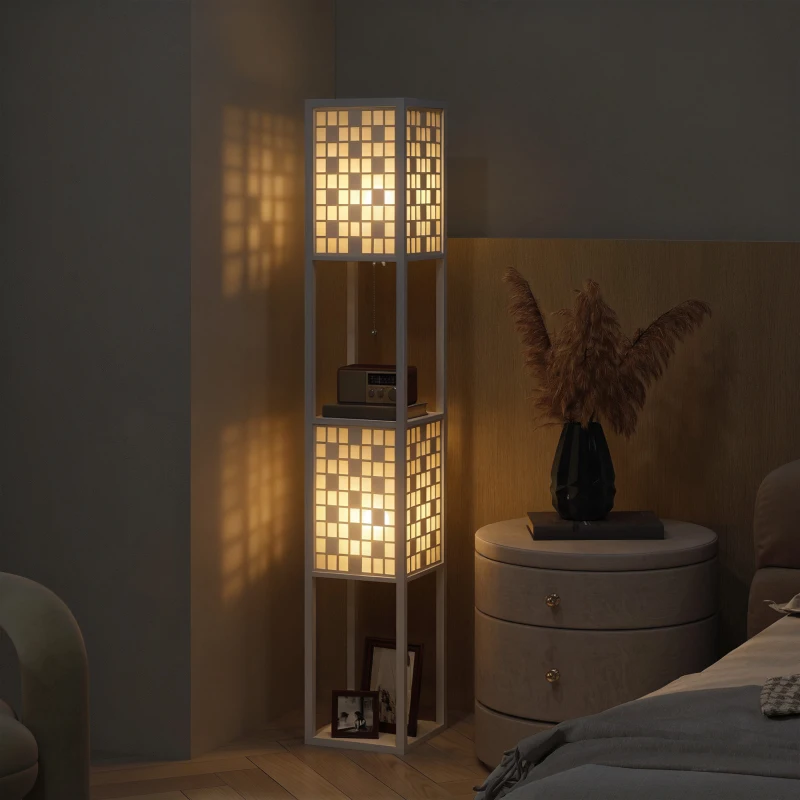 HOMCOM Stehlampe, Gittermuster, 2-Ebenen-Regale, für verschiedene Glühbirnen, Weiß