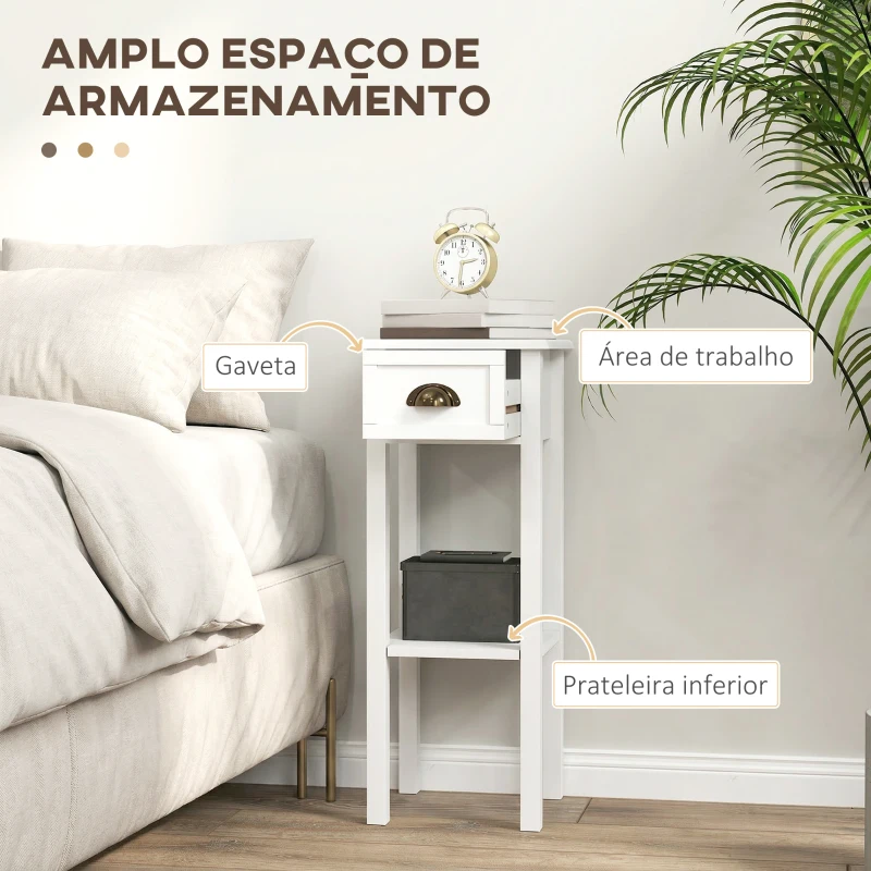 HOMCOM Conjunto de 2 Mesas Auxiliares Mesas de Cabeceira com Gaveta e Prateleira de Armazenamento para Quarto 30x30x75 cm Branco