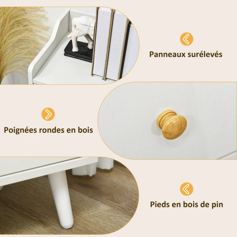HOMCOM Buffet, meuble de rangement avec 2 portes, 3 tiroirs et pieds en bois massif, style moderne, 90 x 32 x 80 cm, blanc