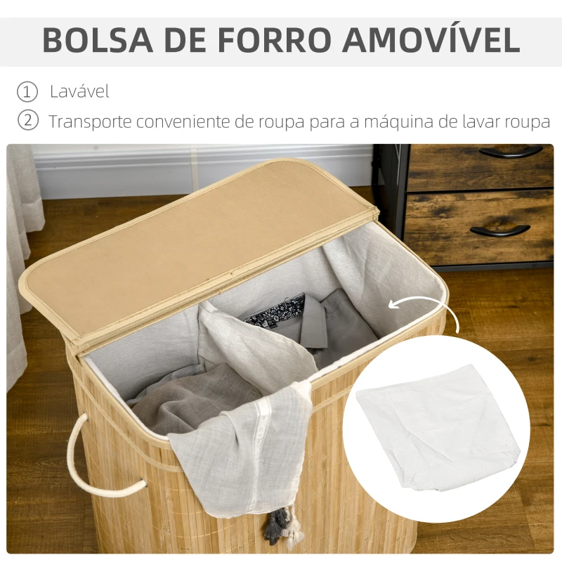 HOMCOM Cesto de Roupa Suja 90L em Bambu com 2 Compartimentos Alças e Bolsa Interna Removível 54,2x35,2x59,5 cm Madeira