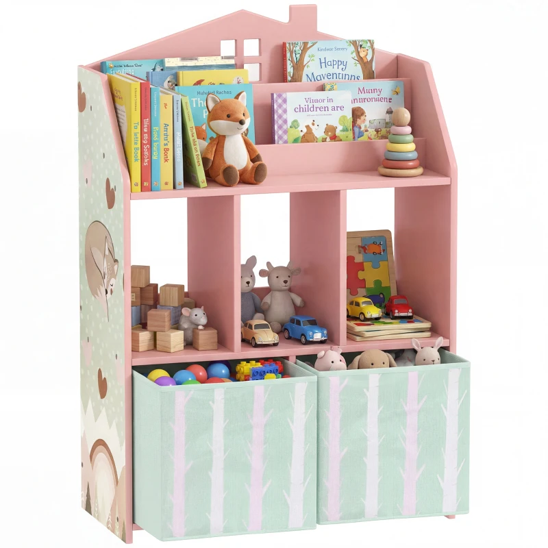 AIYAPLAY Kinderregal Bücherregal Kinder mit 2 Stoffschubladen offen Regal für 3-8 Jahre 62,5x30x91,5 cm Rosa
