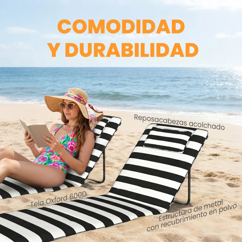 Outsunny Conjunto de 2 Esterillas de Playa Plegable con Respaldo Ajustable Reposacabezas Acolchado 150x50x2 cm Gris y Blanco