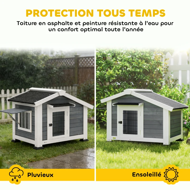 PawHut Niche pour Chien Extérieur Abri Jardin Surélevé Plancher Amovible Auvent de Porte et Toit Imperméable 98x76x69,5cm Gris