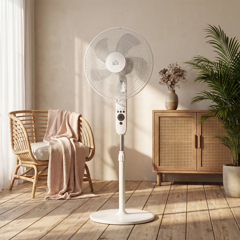HOMCOM 18" Pedestal Fan with Sleep Mode, Oscillating Standing Fan with 3 Modes, Remote Control, Adjustable Height, White