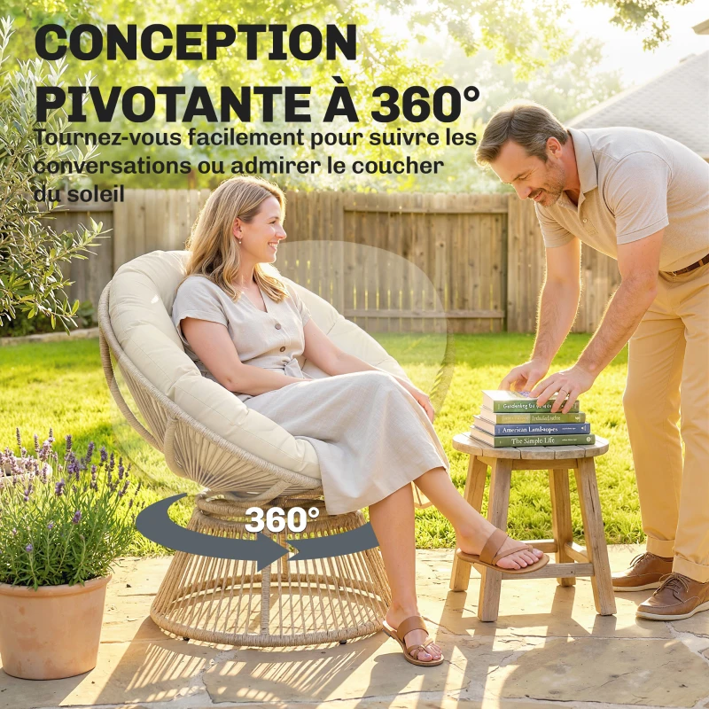 Outsunny Fauteuil Papasan Pivotant 360° Fauteuil de Jardin en Polyrotin Coussin Moelleux 12cm 93 x 81 x 87 cm Naturel