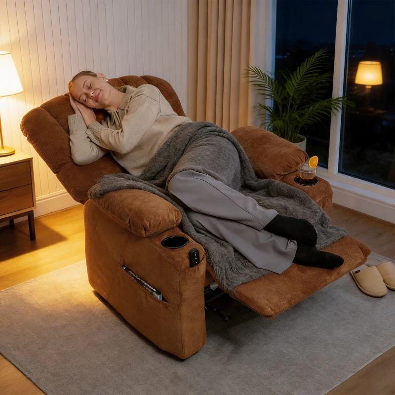 HOMCOM Poltrona Relax Reclinável Elétrica com Função Memória Apoia-Pés Controlo Remoto Bolsos Laterais Porta USB Porta-Copos Castanho