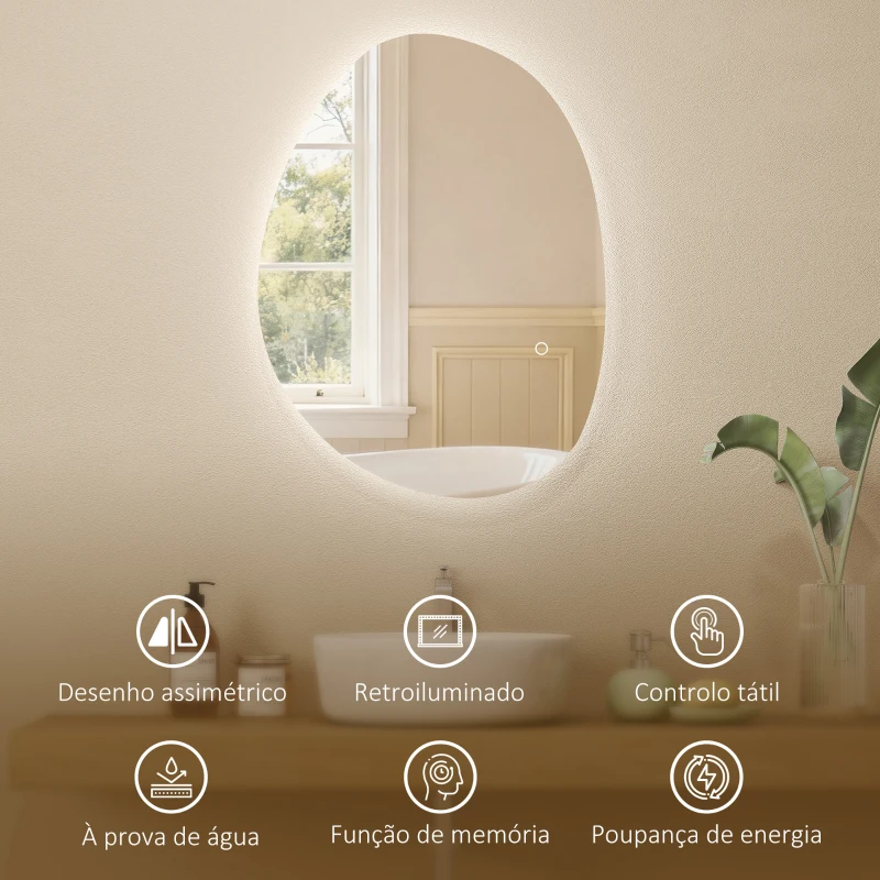 HOMCOM Espelho de Casa de Banho LED 3 Cores de Luz Brilho Regulável Função Anti-Embaciamento Função Memória IP44 70x50 cm Prata