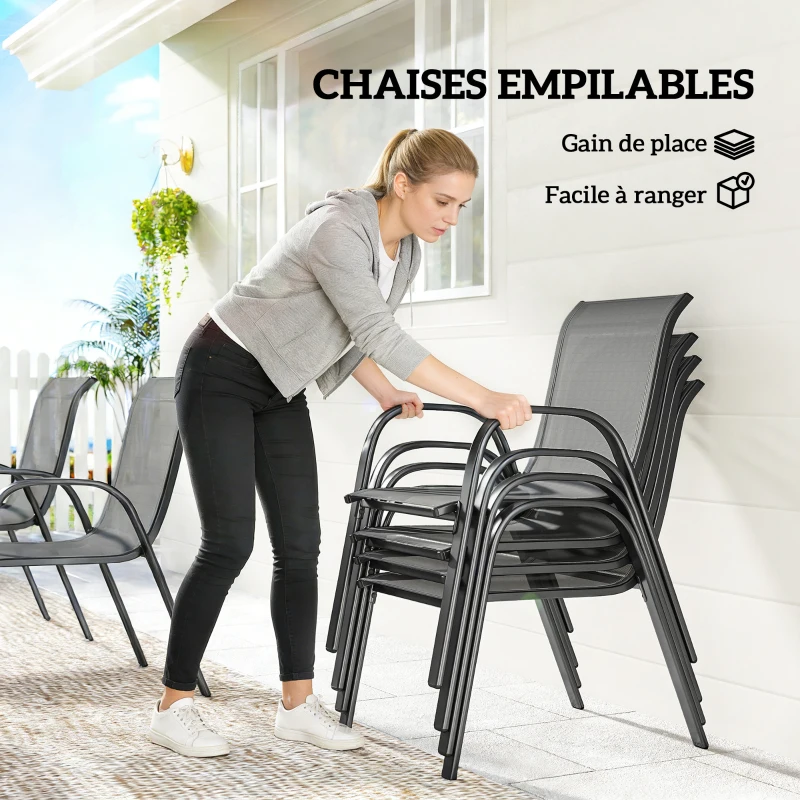 Outsunny Table de jardin extérieure avec 6 chaises empilables, plateau à lattes 150 cm structure en acier anti-rouille gris clair