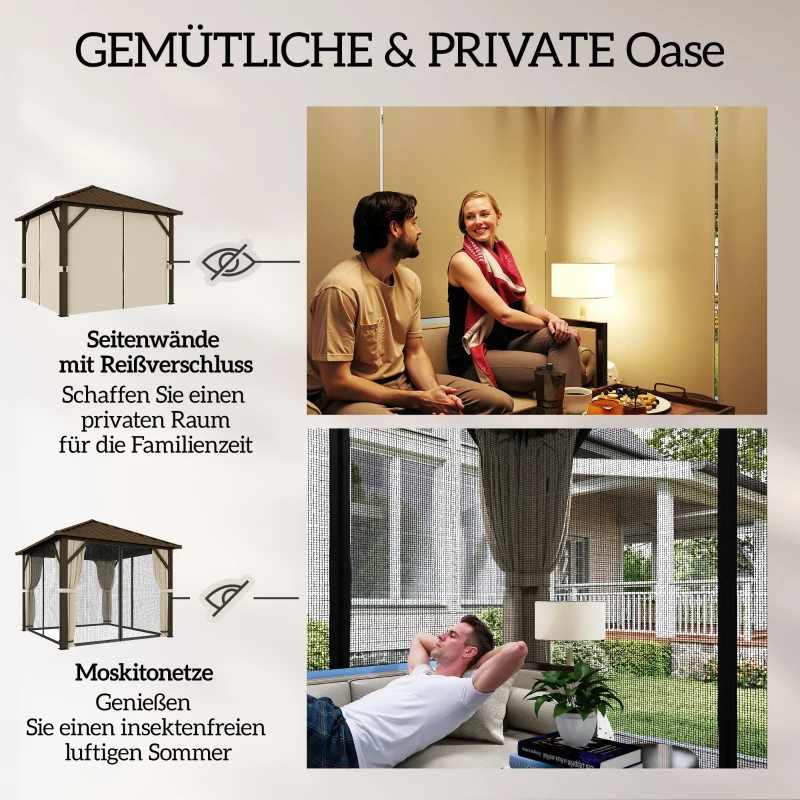 Outsunny Gartenpavillon ca. 3 x 3 m Aluminium Pavillon mit Stahldach Hardtop Moskitonetz 4 Seitenteile, UPF50+