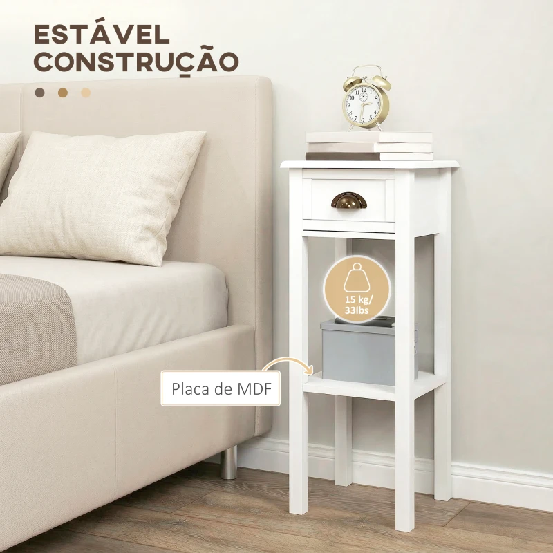 HOMCOM Conjunto de 2 Mesas Auxiliares Mesas de Cabeceira com Gaveta e Prateleira de Armazenamento para Quarto 30x30x75 cm Branco