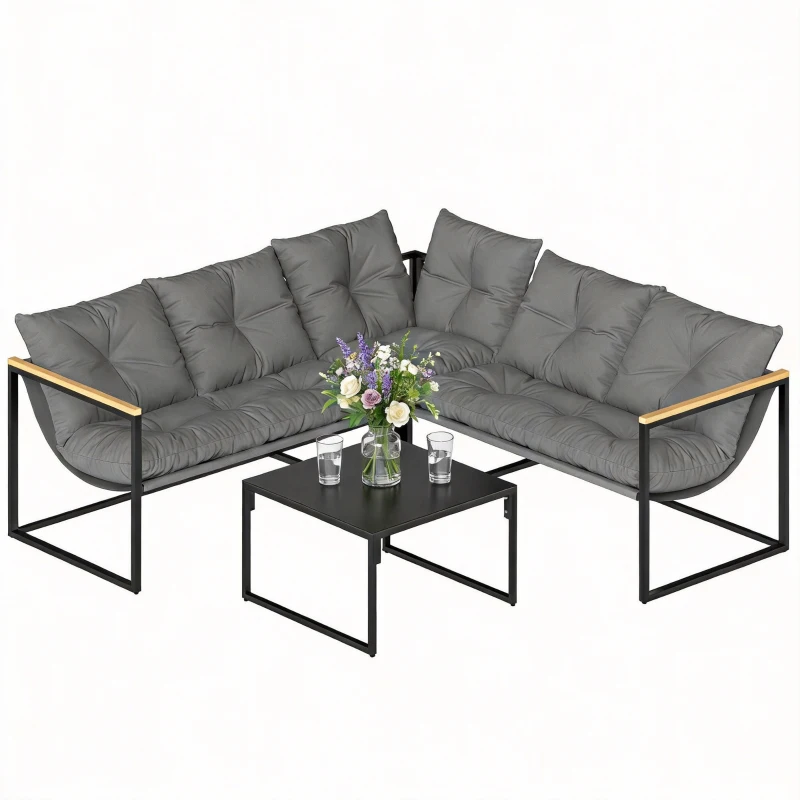 Outsunny Conjunto de Jardim Exterior com Almofadas Espessas, 2 Sofás de 2 Lugares, Sofá de Canto e Mesa de Centro com Vidro, Cinzento
