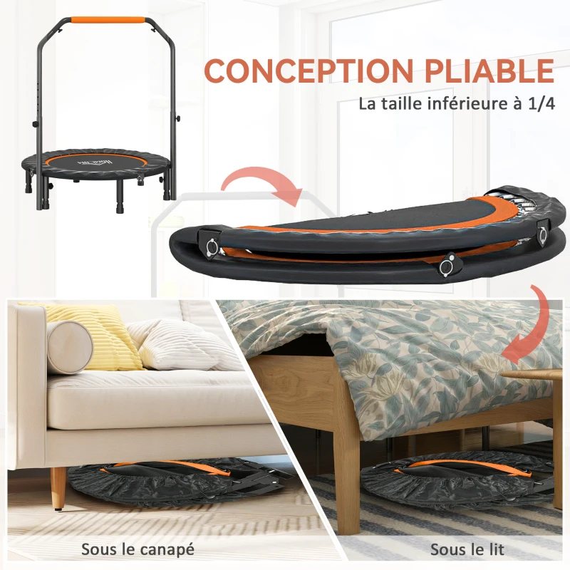 HOMCOM Trampoline de fitness gymnastique avec poignée réglable, pliable, 6 pieds, 28 ressorts Ø 102 cm, noir orange