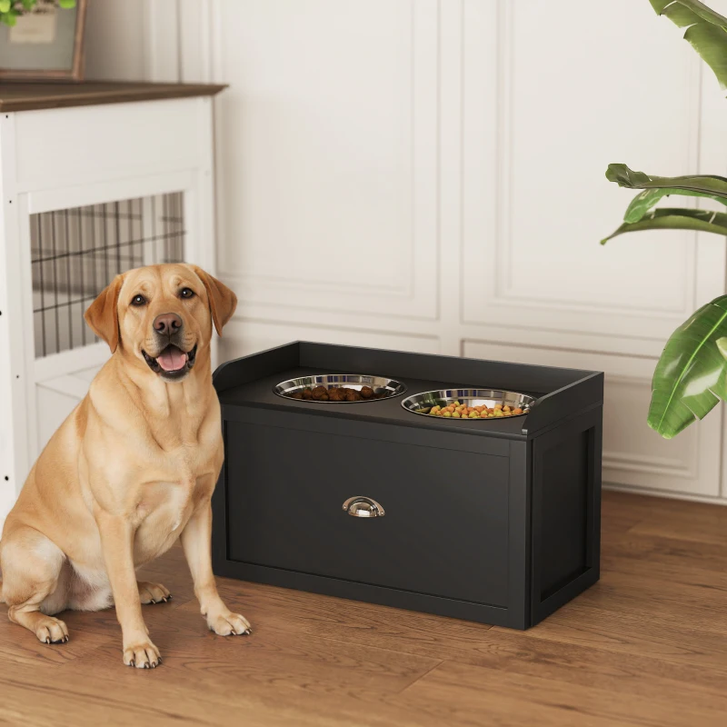 PawHut Gamelle Double Chien Chat - Porte-Gamelles Surélevé Rangement 2 en 1 - Tiroir, 2 Gamelles - Acier Inox MDF Noir