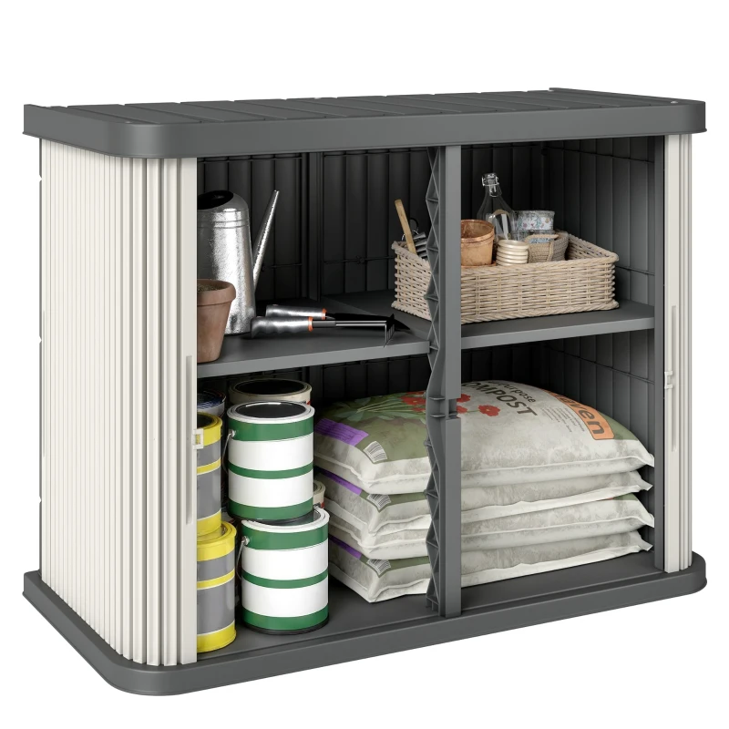 Outsunny Coffre de Rangement Extérieur 480 L, 2 Niveaux avec Portes Coulissantes Résistant aux UV, 120,5x59,5x92cm, Marron Clair