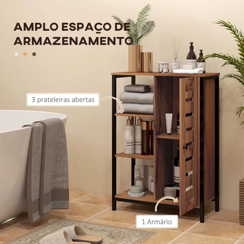 kleankin Móvel Auxiliar Casa de Banho com Porta de Ripas 3 Compartimentos Abertos Prateleira Ajustável 60x30x85 cm Castanho Rústico