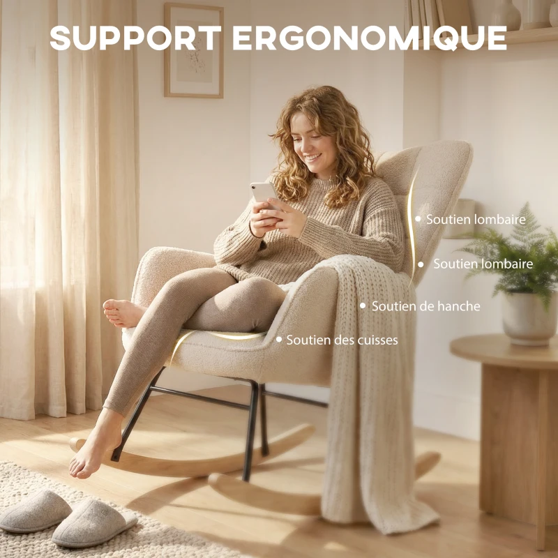 HOMCOM Fauteuil à bascule rocking chair revêtement effet laine bouclée, structure en acier 71 x 98 x 101 cm beige