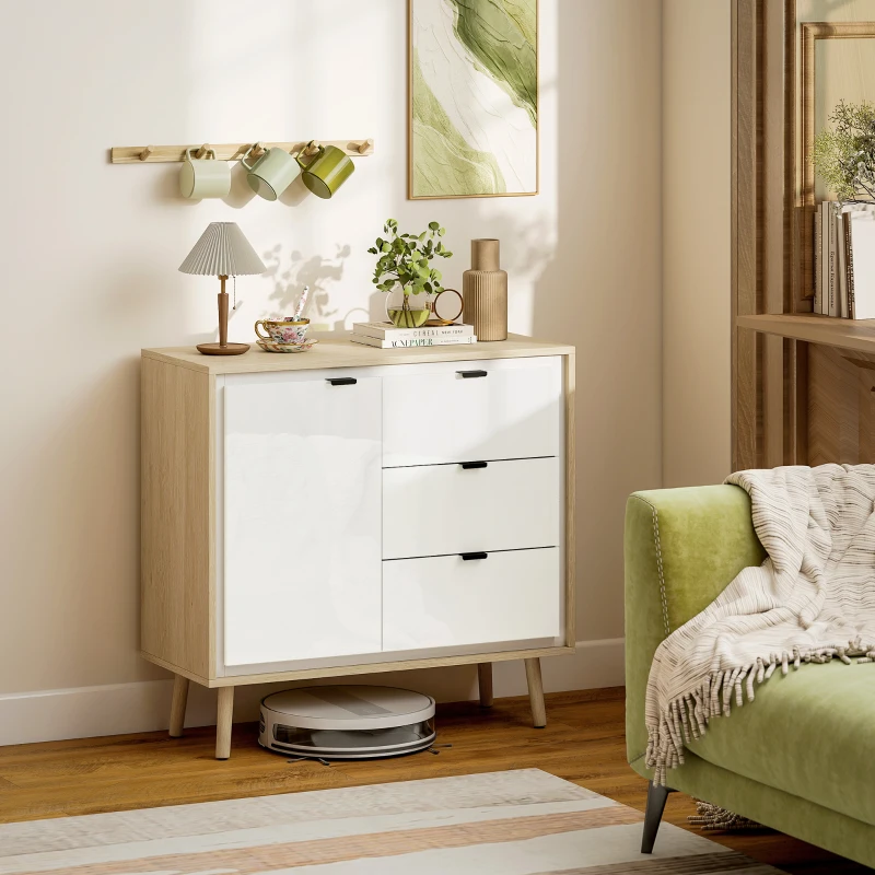 HOMCOM Buffet salon meuble de rangement armoire de cuisine placard à 2 portes 3 tiroirs et étagère réglable, 80x35x77cm, blanc