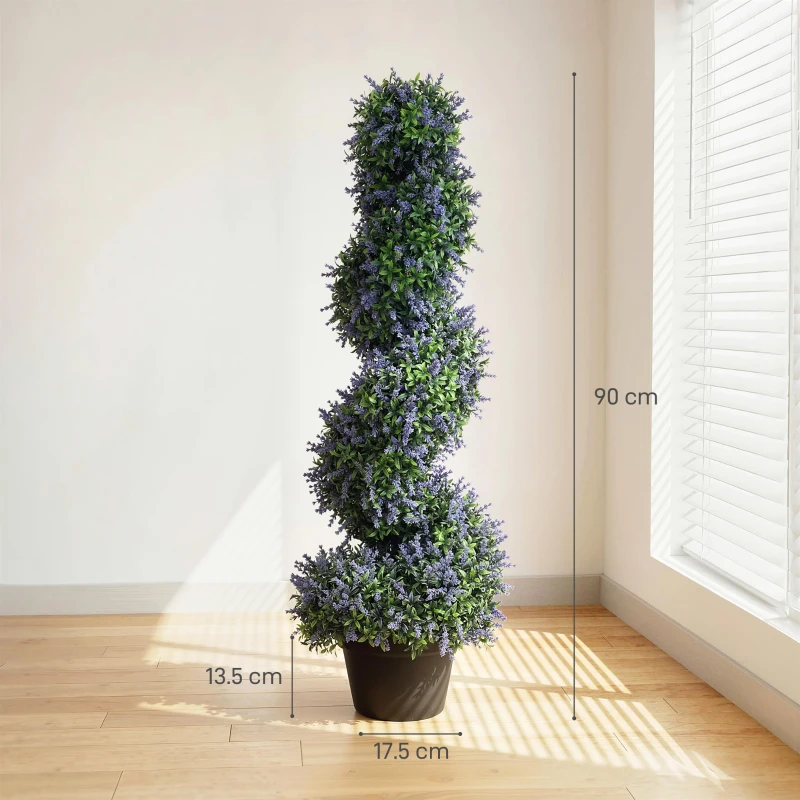 HOMCOM Artificial Lavender Topiary Tree Set of 2, UV Resistant Fake Plants in Pot for Indoor Outdoor Decor, 90 cm, Purple