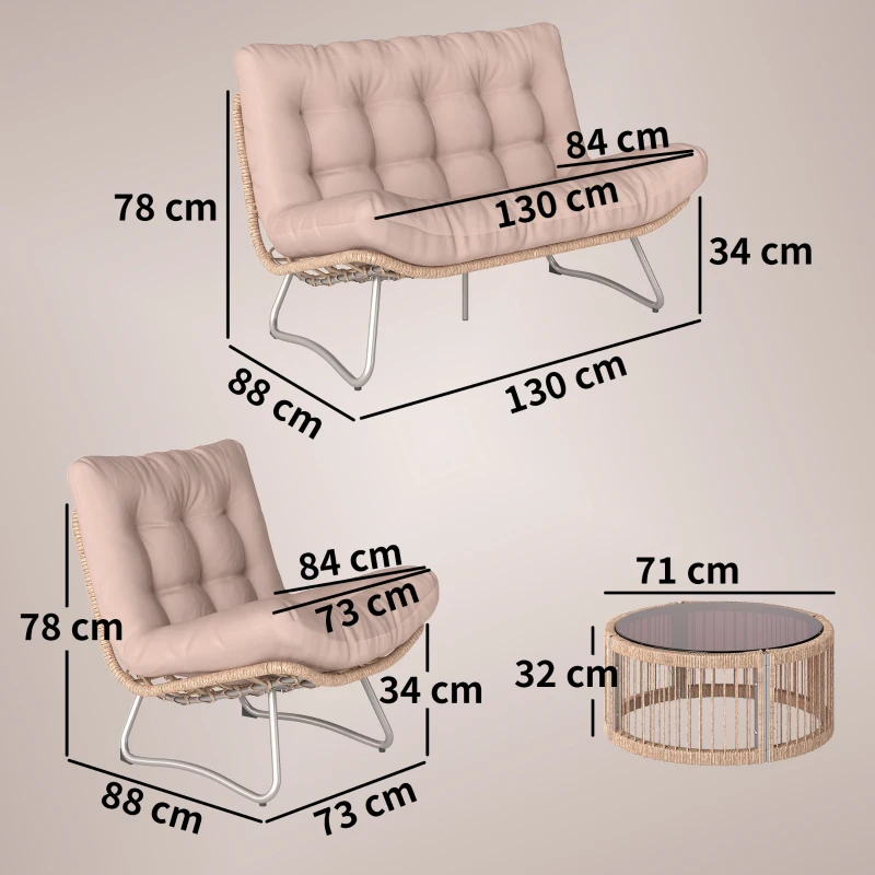 Outsunny Set de muebles de jardín 4 piezas Poliratán Lounge con sofá 2 plazas, 2 sillones, mesa de cristal, asiento ancho y profundo, cojines gruesos