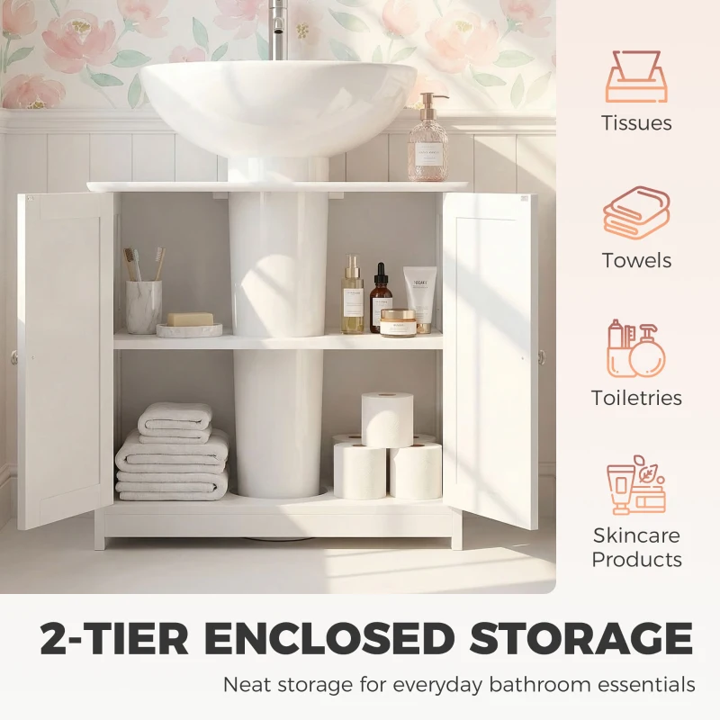 kleankin Under Sink Bathroom Cabinet, Freestanding Under Sink Cabinet with 2 Doors and Adjustable Shelf for Basin without or with Pedestal, White