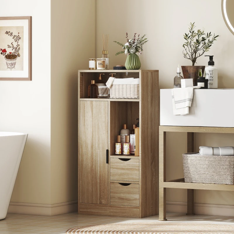 HOMCOM Meuble de salle de bain, meuble de rangement étroit avec 2 tiroirs, compartiments ouverts, 50x25x100cm, bois naturel