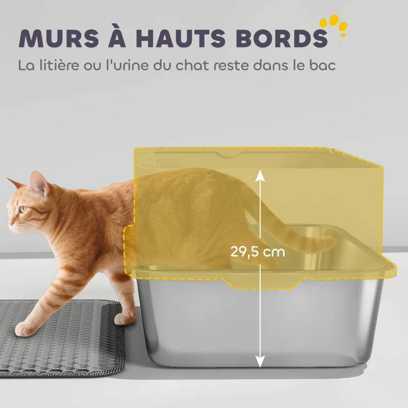 PawHut Bac à litière XL en acier inoxydable, maison de toilette pour grand chat, nettoyage facile 60,2 x 40,2 x 29,5 cm, gris