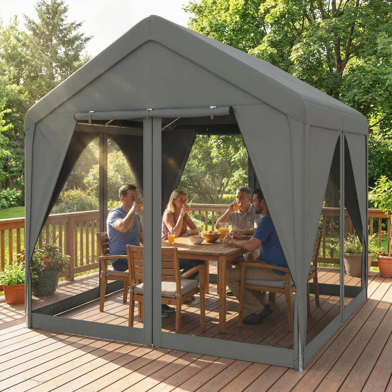Outsunny 3 x 3 m Patio Gazebo with Netting & Curtains, Outdoor Canopy Shelter with Galvanised Steel Frame, Dark Grey
